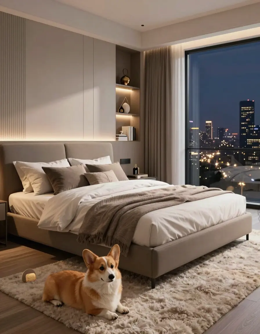 A modern bedroom with a large bed, built-in shelves, and a city view at night. A corgi lies on a fluffy beige rug.