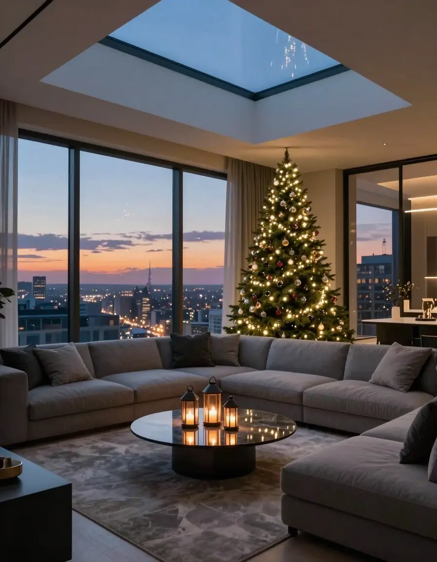 A modern living room with a Christmas tree, gray sofa, and city view through large windows.