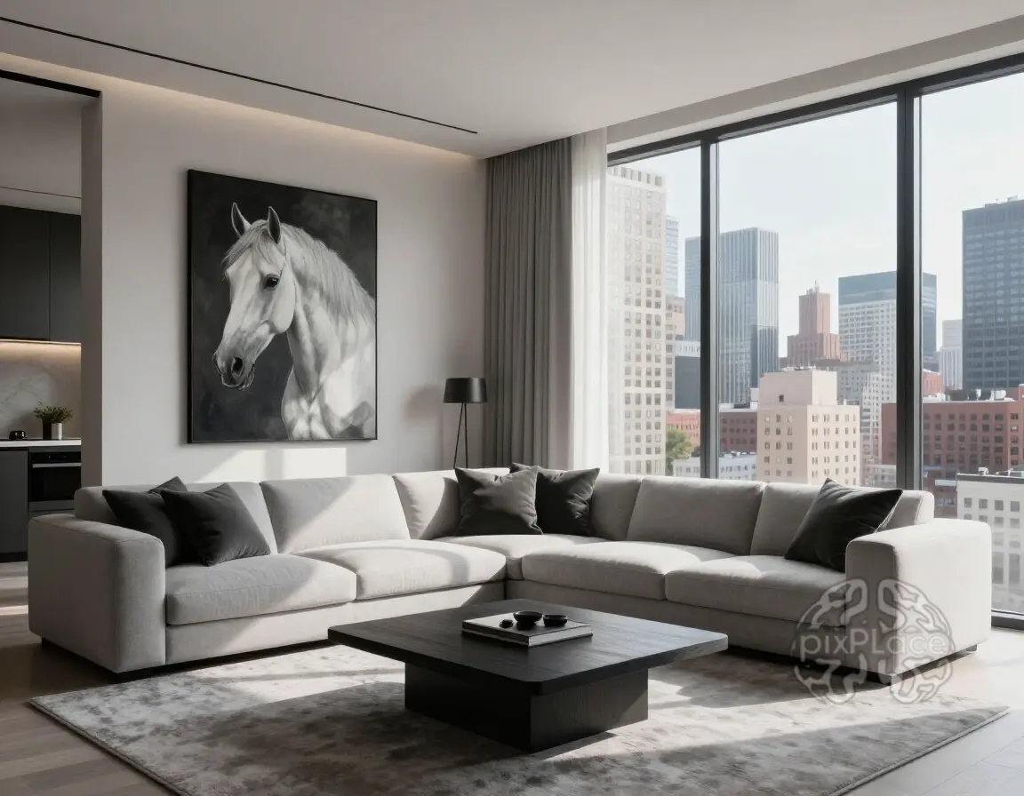 A modern living room with a large window, gray sofa, dark wood coffee table, and a large horse painting on the wall.