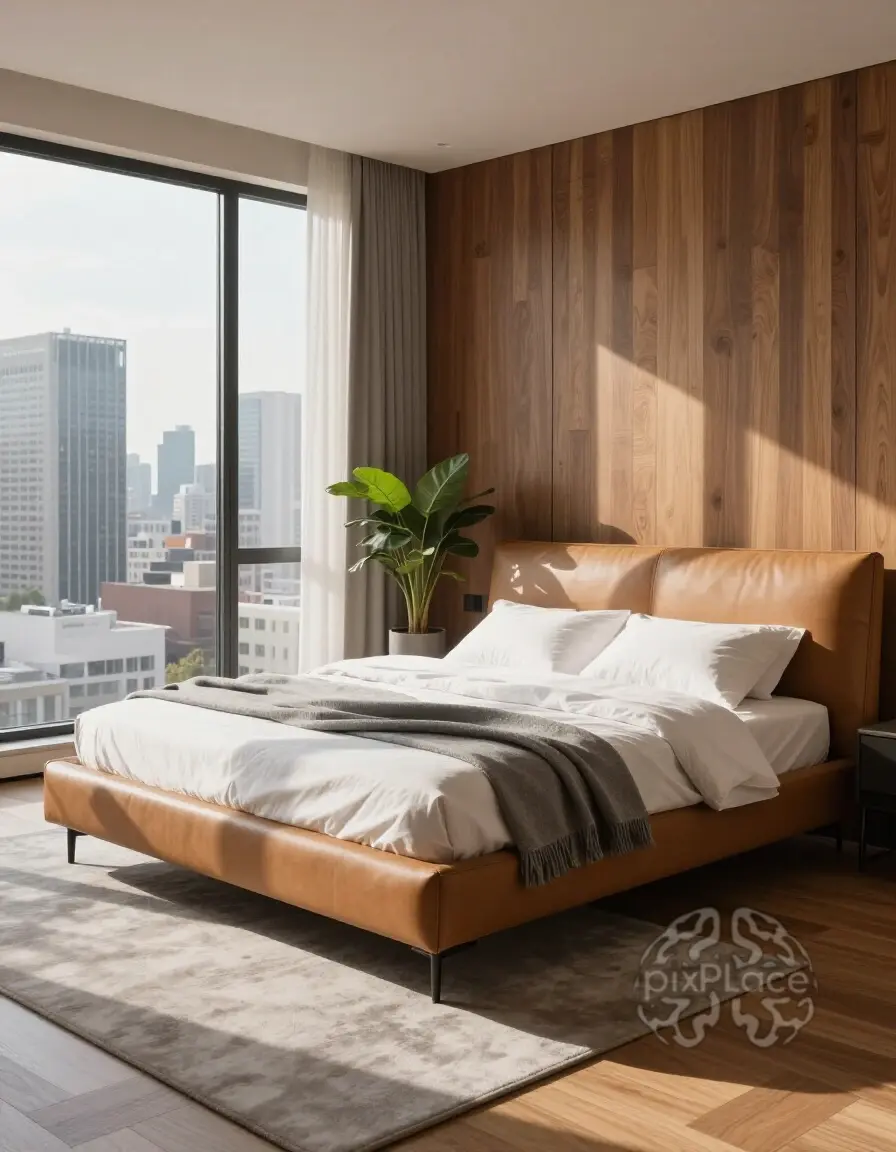 A modern bedroom with a tan leather bed, white bedding, and a city view through a large window.