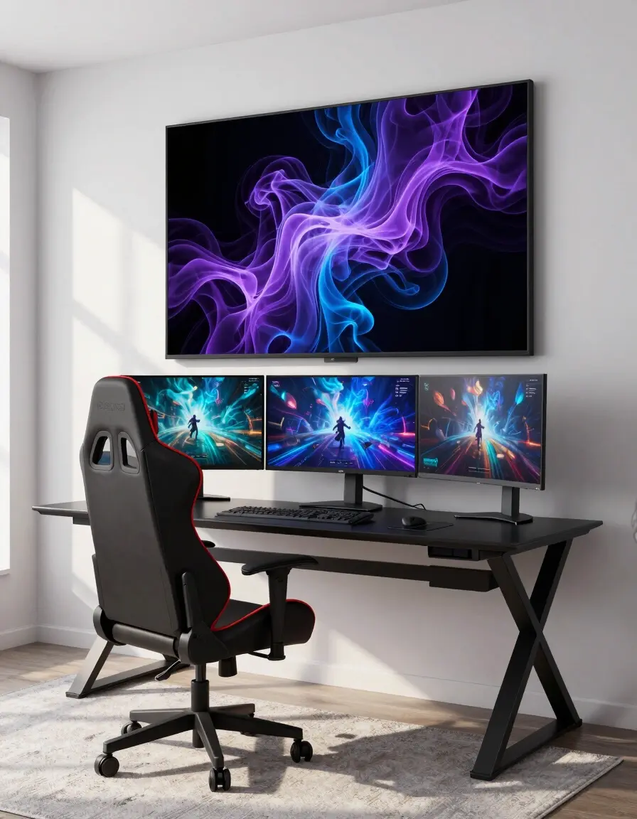 A modern gaming room with a black X-shaped desk, a high-backed gaming chair, and three gaming monitors, set against a large abstract art piece and a white wall.