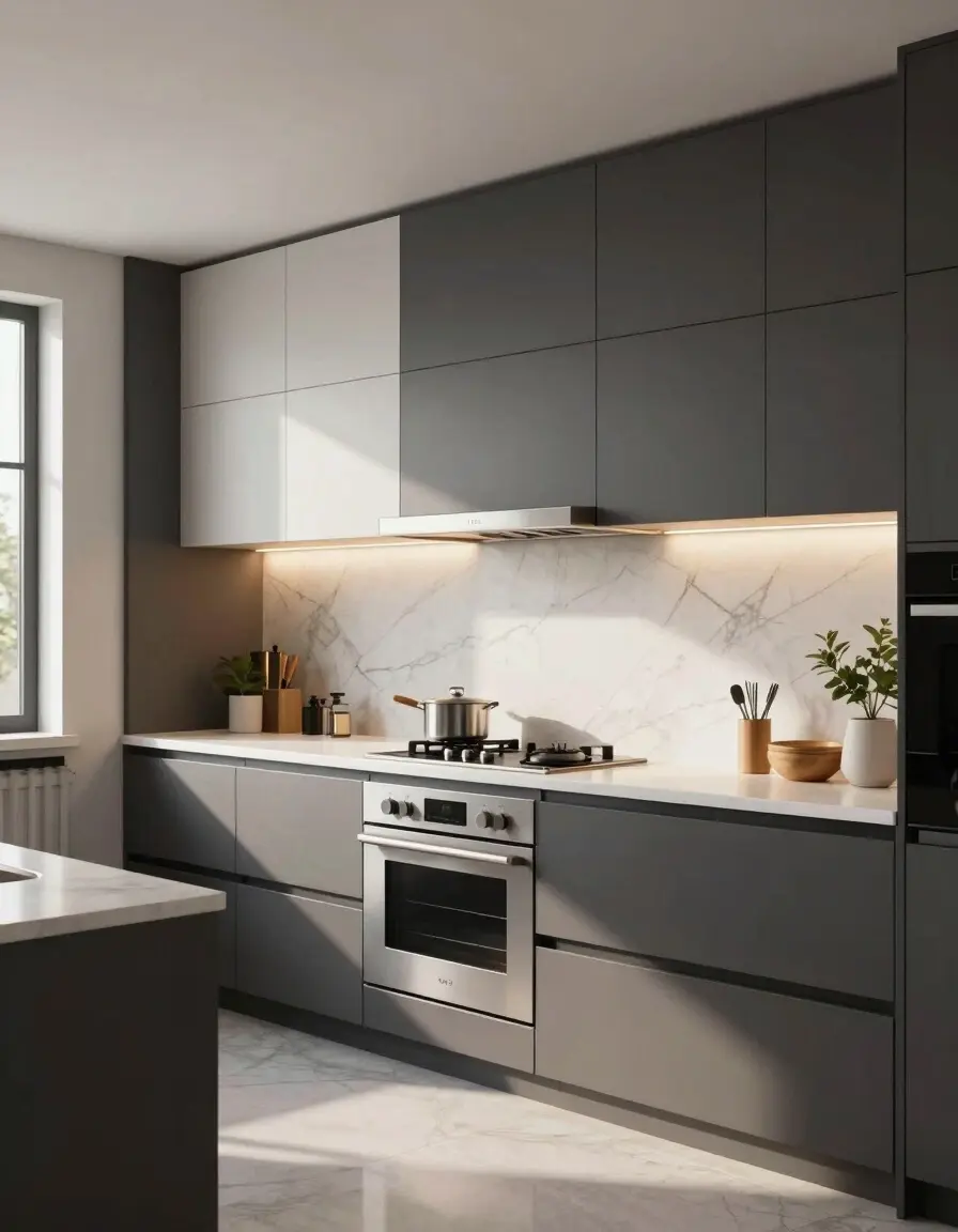 A modern kitchen with dark gray and white cabinets, white countertops, and stainless steel appliances, illuminated by warm under-cabinet lighting.