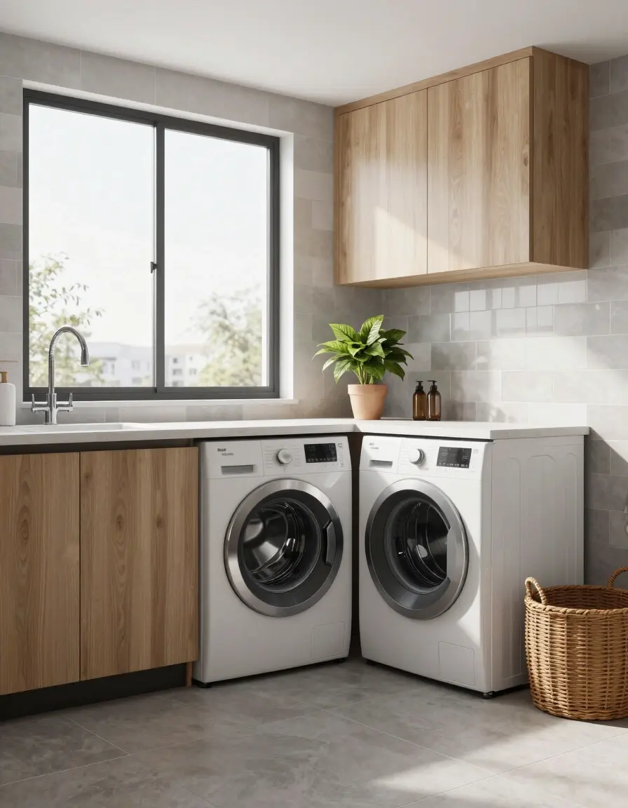 A modern laundry room with a washer, dryer, sink, and light-colored wood cabinets.