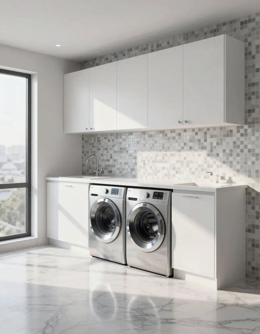 A modern laundry room with white cabinets, gray and white mosaic tile backsplash, and large marble tiles on the floor. Two stainless steel washing machines are under a white countertop with a sink.