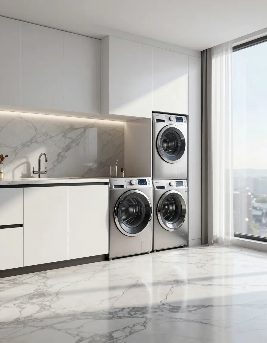 Collage of various laundry room designs showcasing different cabinet styles, appliance finishes, and flooring options.
