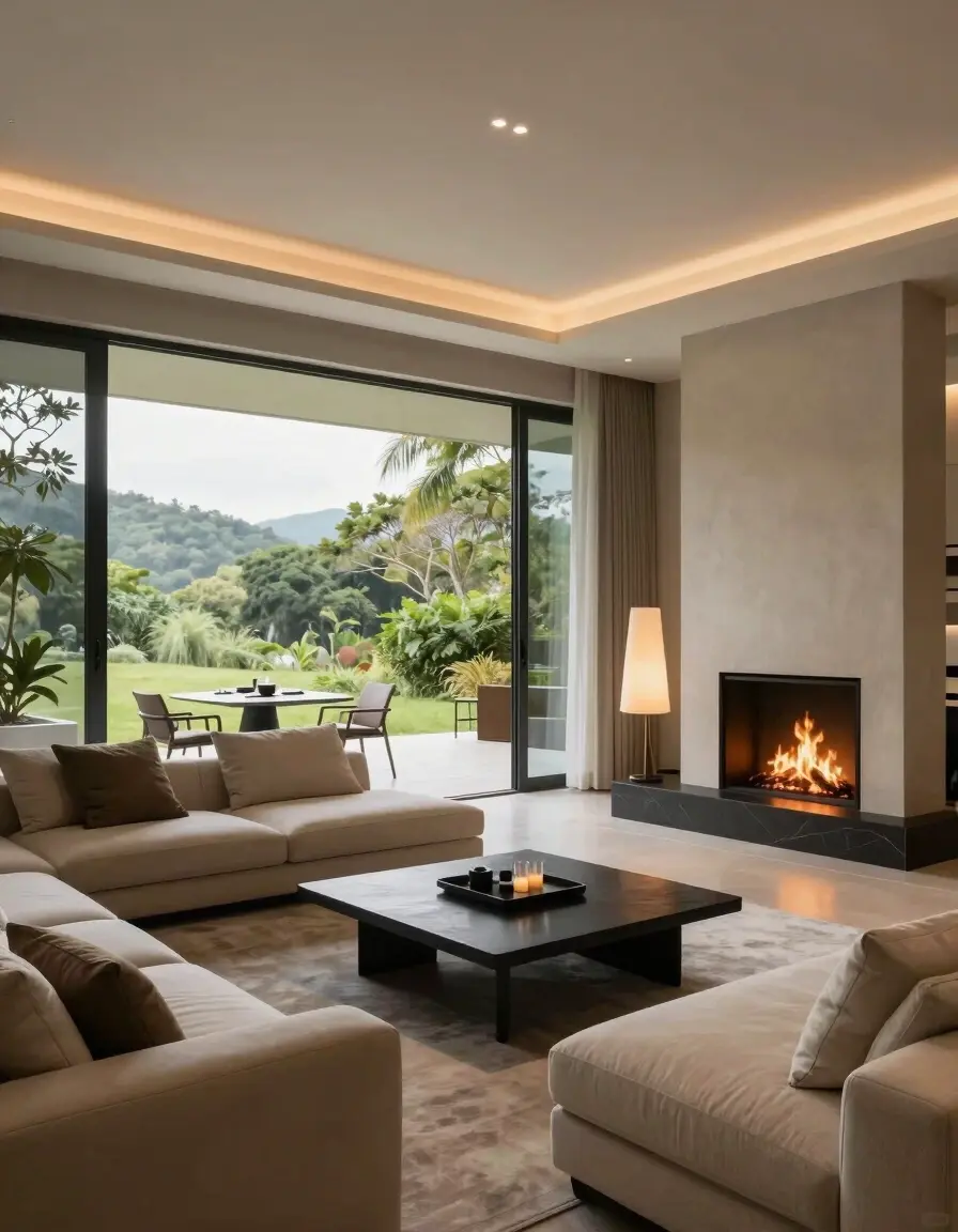 A modern living room with beige sofas, a black coffee table, and a fireplace, surrounded by large glass doors leading to a patio with a table and chairs, overlooking a lush green landscape.