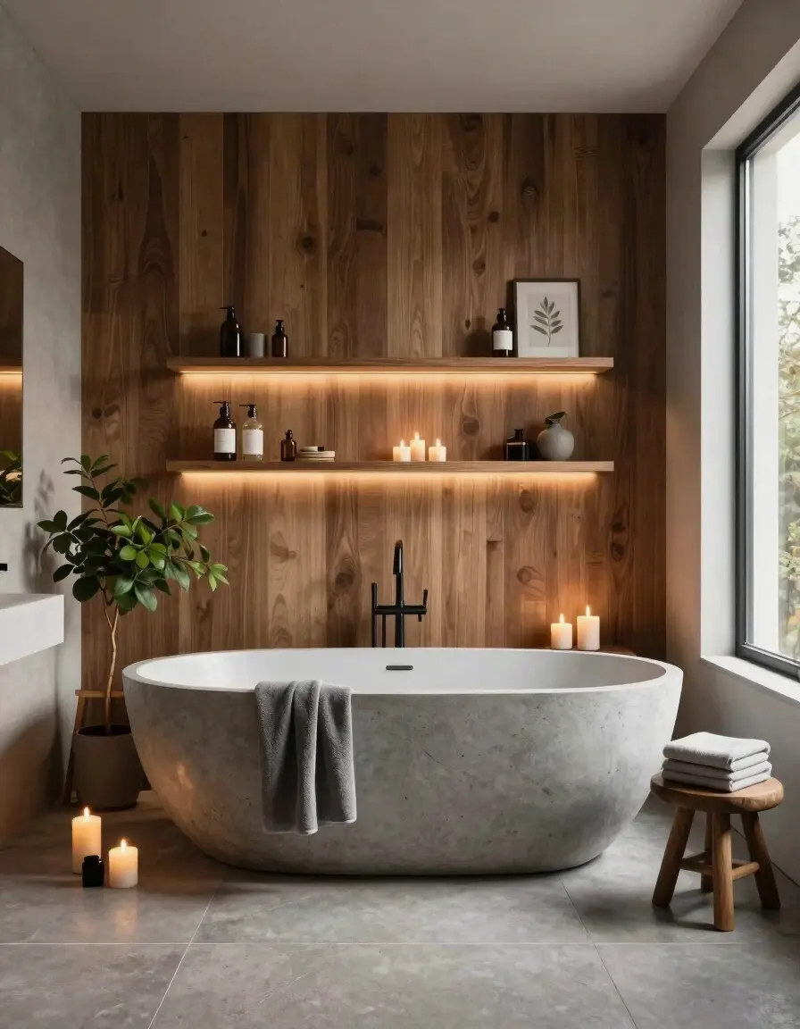 A modern bathroom with a concrete bathtub, wooden shelves, and candles creating a luxurious ambiance.