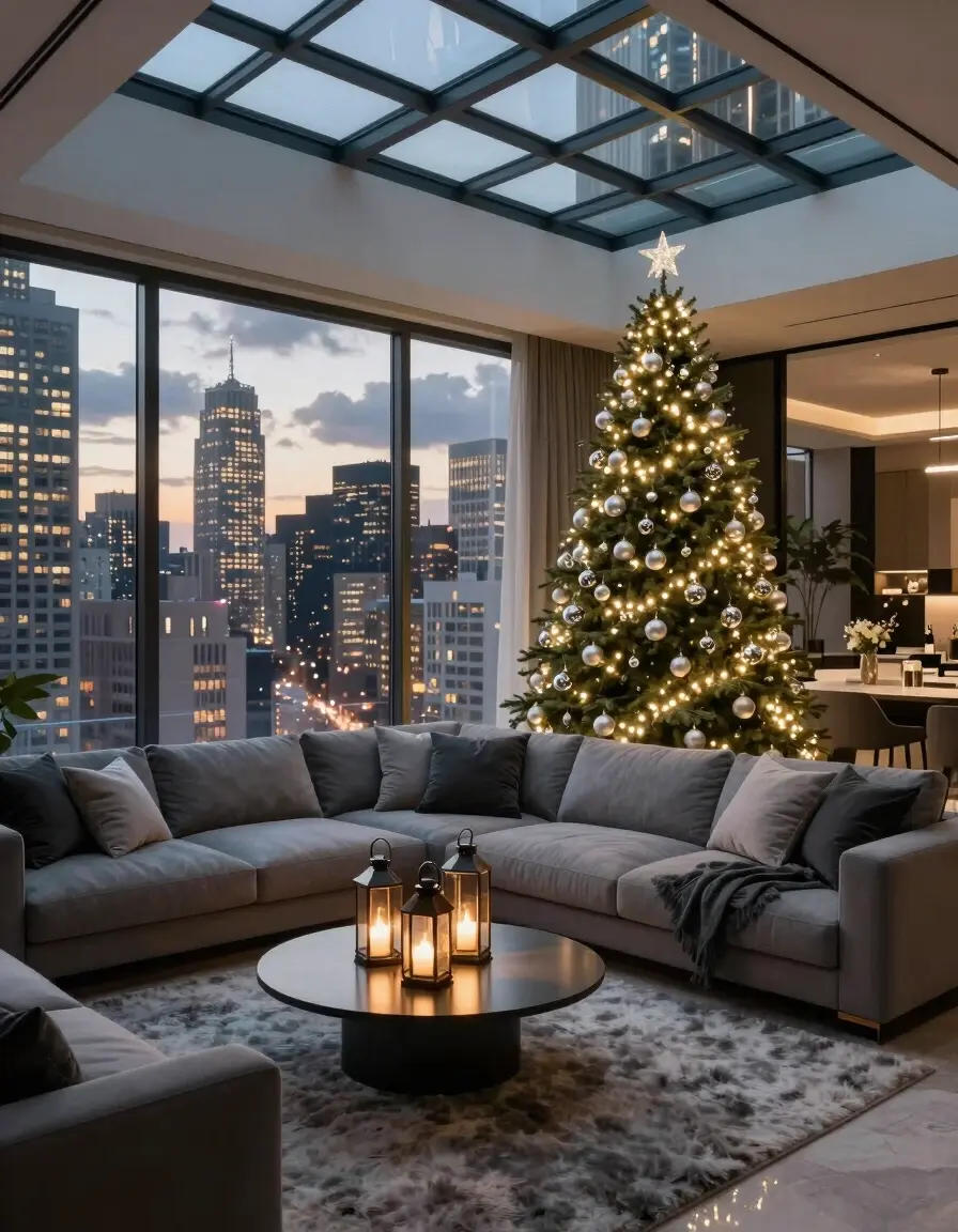 A modern living room with a Christmas tree in front of a large window, overlooking a cityscape at dusk. The room is decorated with a gray sectional sofa, a round coffee table, and a gray rug, creating a cozy and festive atmosphere.