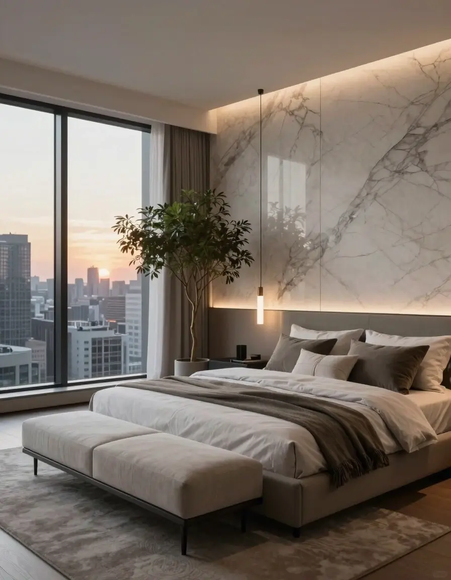 A modern bedroom with a large bed, chaise longue, and tree, overlooking a city skyline at dusk.