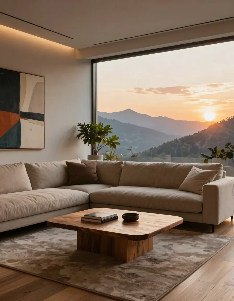 A modern living room with a beige sofa, wooden coffee table, and abstract art on the wall, overlooking mountains at sunset.