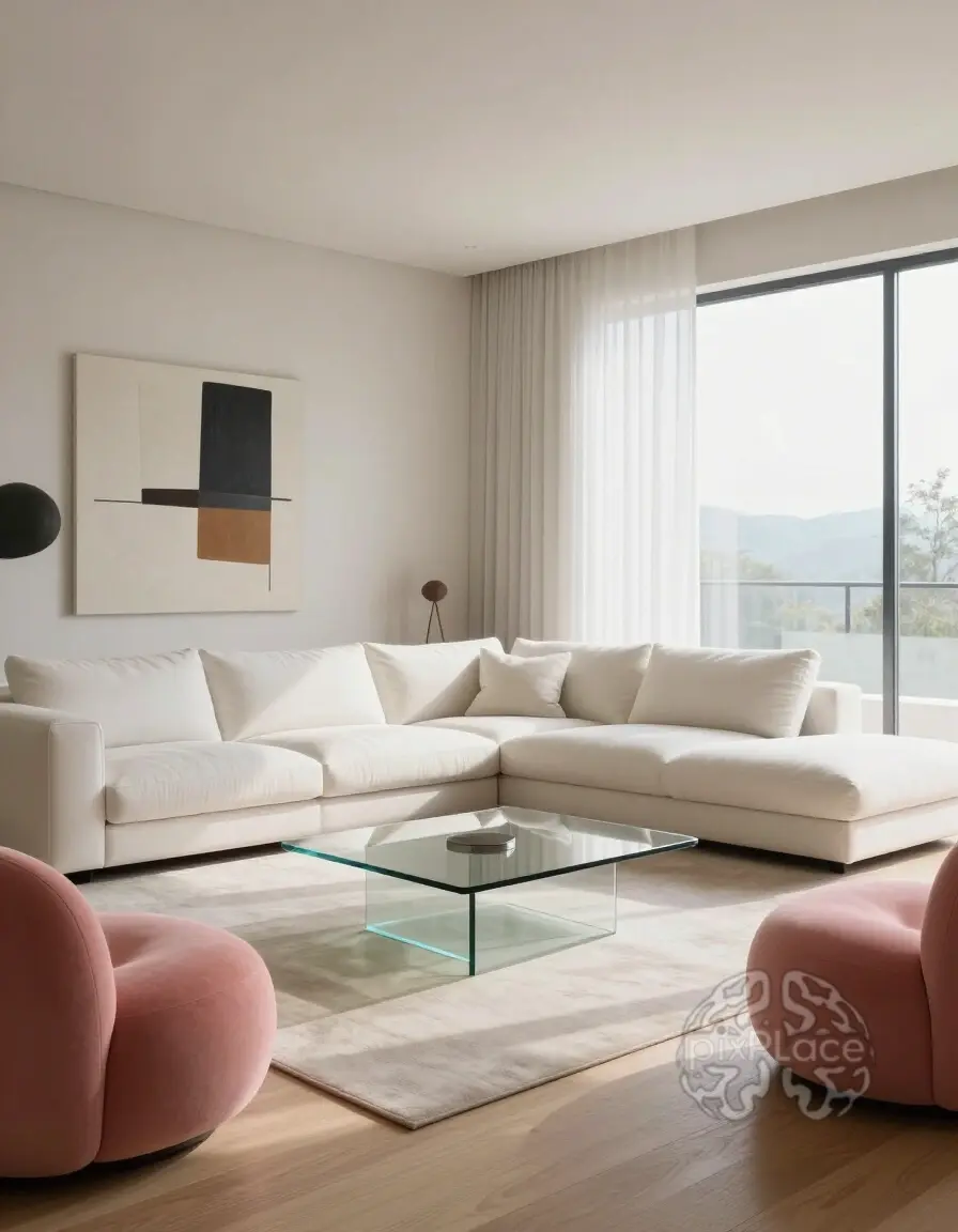 A serene and inviting living room with a white sofa, glass coffee table, and pink chairs, surrounded by large windows and abstract art.