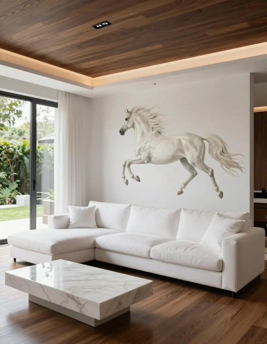 A modern minimalist living room with a white sectional sofa, white marble coffee table, and a large white horse wall decal above the sofa, surrounded by dark hardwood floors and lush greenery outside.