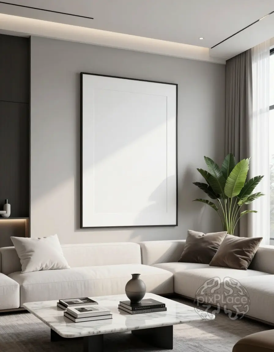 A modern living room with a white sofa, marble coffee table, and large plant near the window.