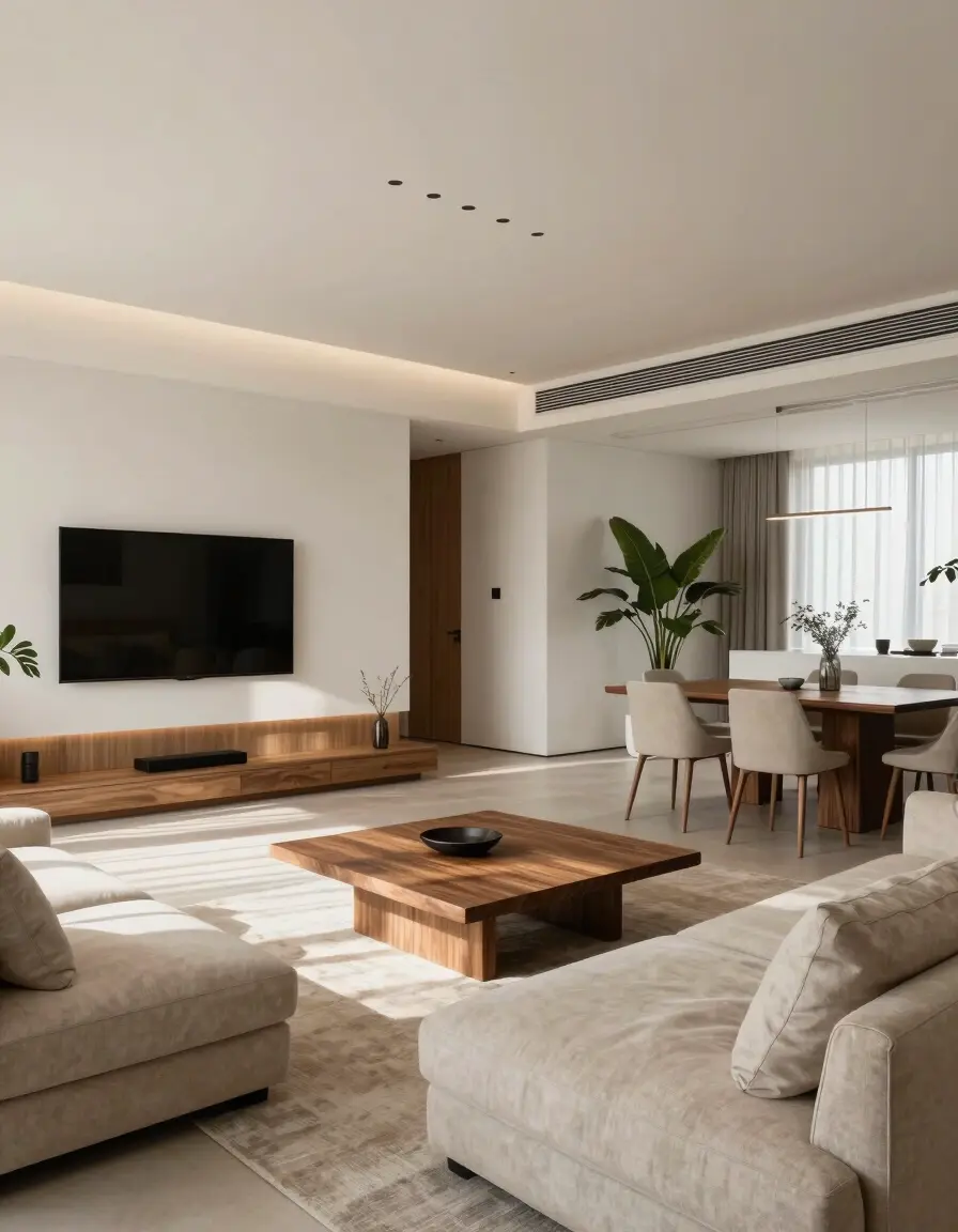 A modern minimalist interior featuring a beige sofa, wooden coffee table, and large plants, with a dining area that includes a dark wood table and beige chairs.