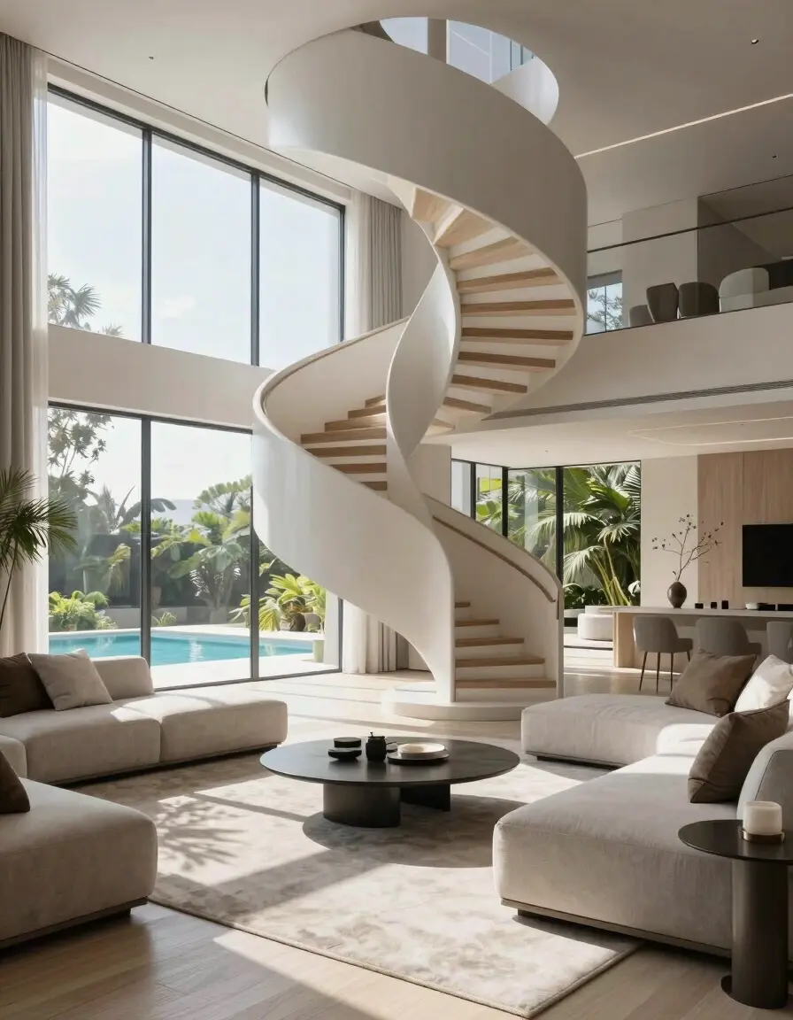 A modern minimalist living room with a spiral staircase, large windows, and a neutral color scheme, accented with natural wood and surrounded by lush greenery.