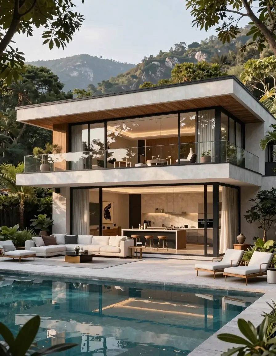A modern two-story house with a minimalist design, surrounded by trees and mountains, featuring a pool and patio area.