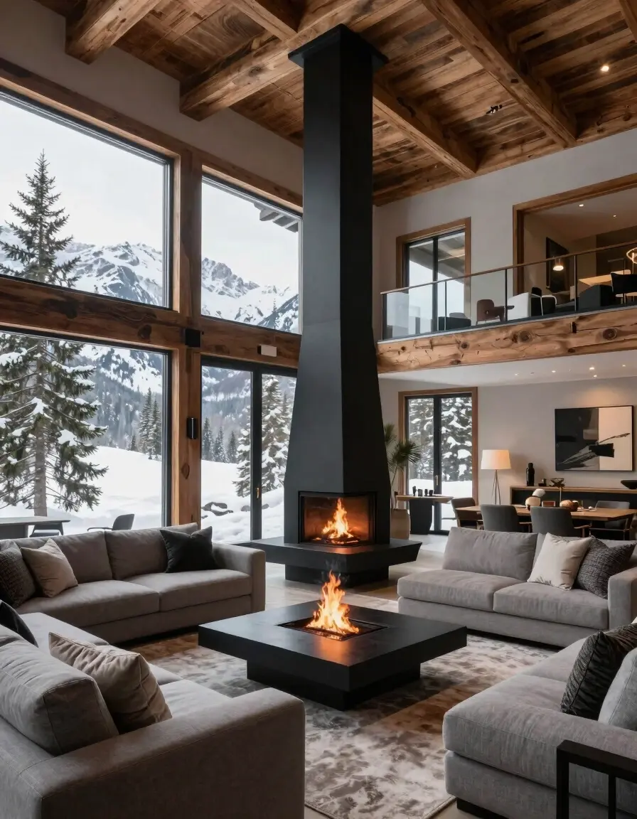 A modern living room with a large black fireplace, gray sofas, and expansive windows showing snowy mountains.