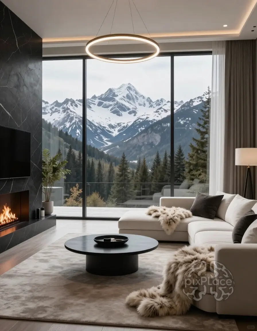 A modern living room with a large window, white couch, black fireplace, and circular light fixture, set against a backdrop of snow-capped mountains.