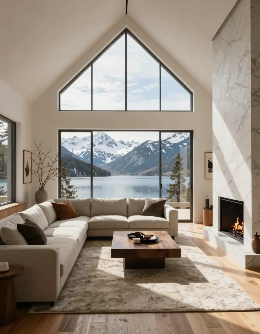 A modern living room with a vaulted ceiling, beige sofa, and large window showcasing a breathtaking mountain and lake view.