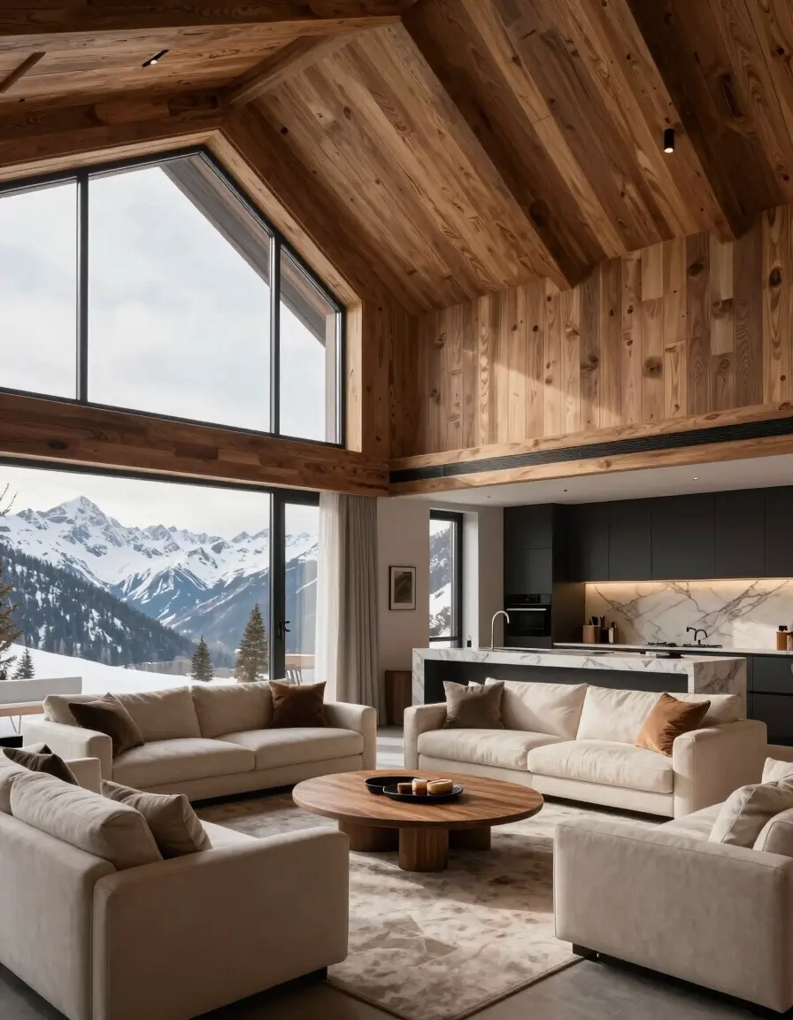 A modern living room with a high ceiling, large windows, and a fireplace, offering a stunning view of snow-capped mountains.