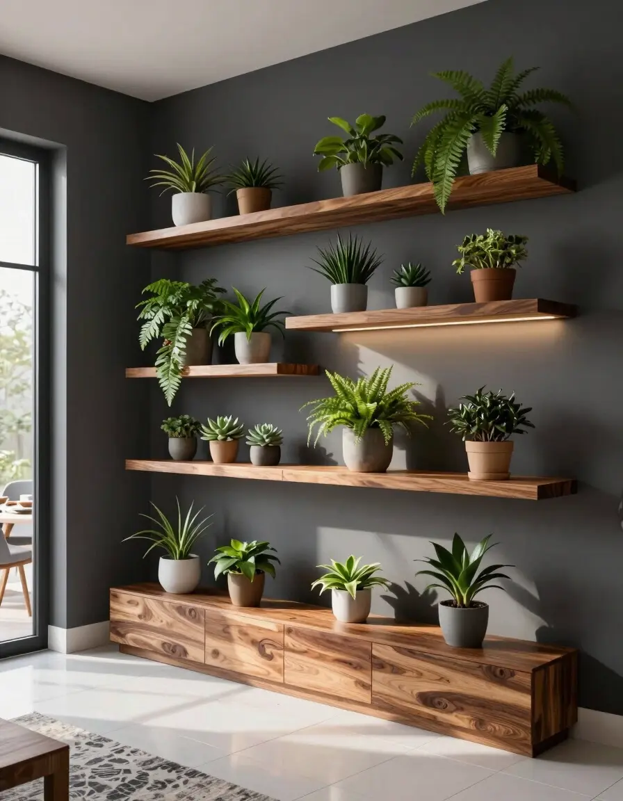 A modern interior wall with a wooden shelving unit and potted plants, overlooking a dining area through a large window.