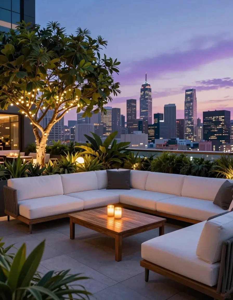 Rooftop lounge with white sofa, wooden coffee table, and string lights around a tree, overlooking the city skyline at dusk.