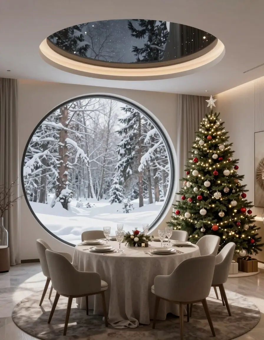 A modern dining room with a large circular window, Christmas tree, and dining table set for a holiday meal, under a starry night sky visible through a circular ceiling light.