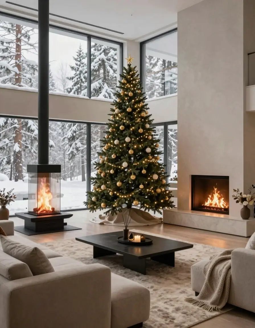 Modern living room with Christmas tree, fireplace, and outdoor bioethanol fireplace, surrounded by snowy forest landscape through large windows.