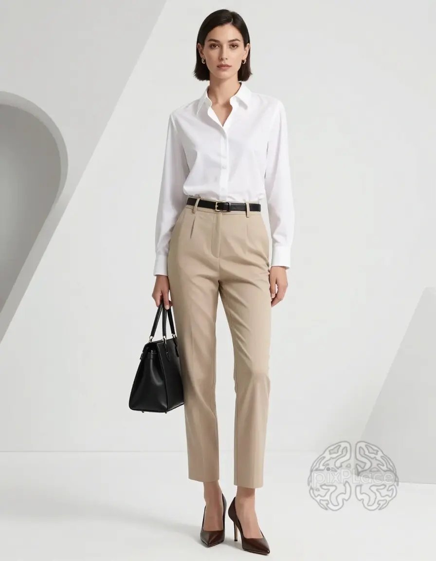 A stylish woman in a professional work outfit, exuding confidence and poise, set against a clean white background.