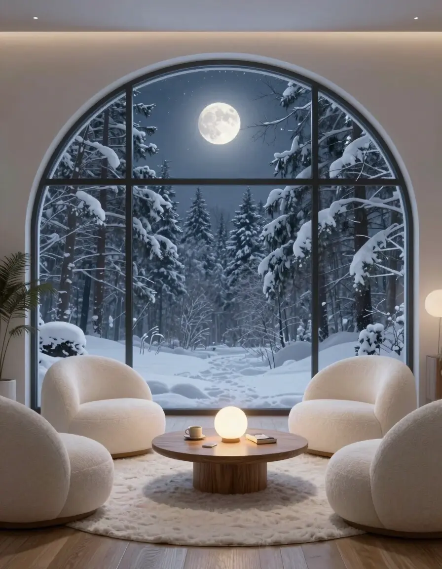 Serene winter scene viewed from a modern, cozy living room with white chairs and a wooden coffee table.