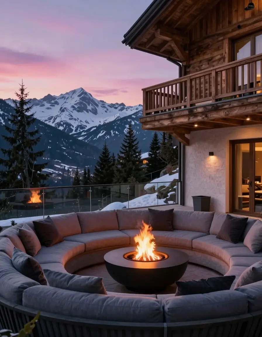 Luxurious mountain chalet outdoor seating area with circular sofa and fire pit at dusk