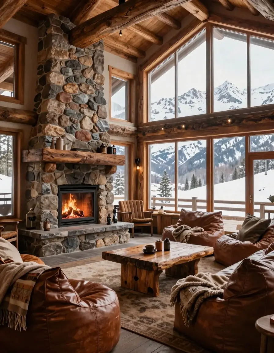 A cozy mountain lodge living room with a fireplace and large windows