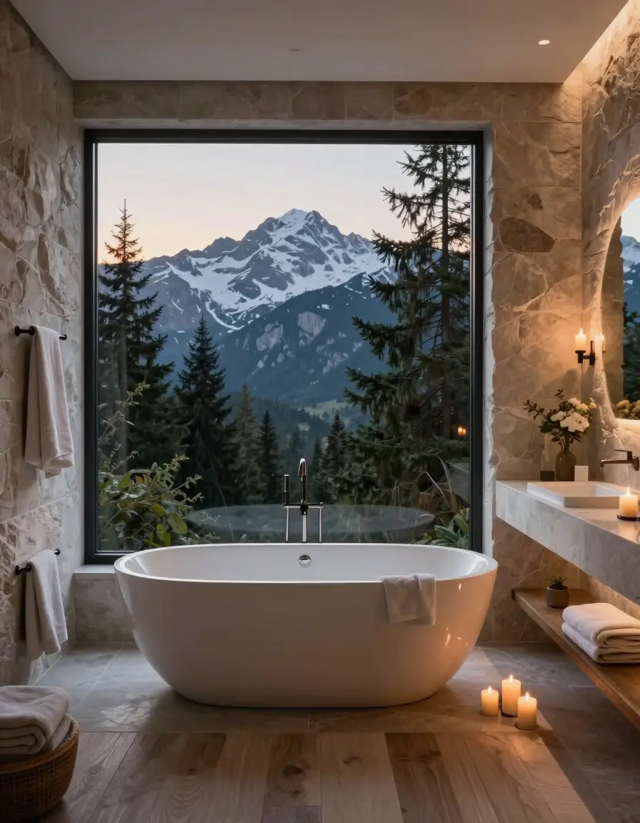 A serene bathroom with a large window showing snow-capped mountains and evergreen trees, a freestanding white bathtub, and soft candlelight.
