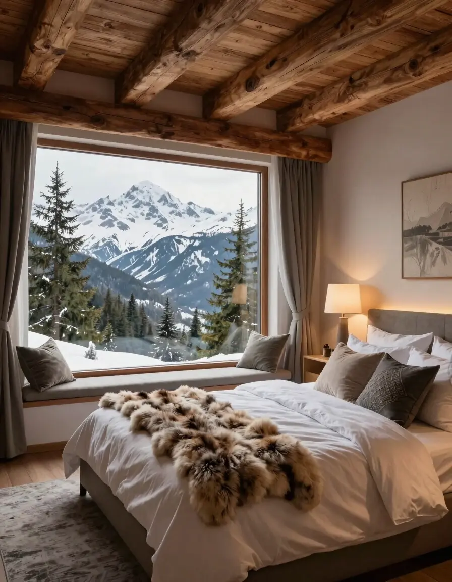 A serene mountain bedroom with a large window, plush bed, and cozy reading nook, surrounded by snow-capped mountains and evergreen trees.