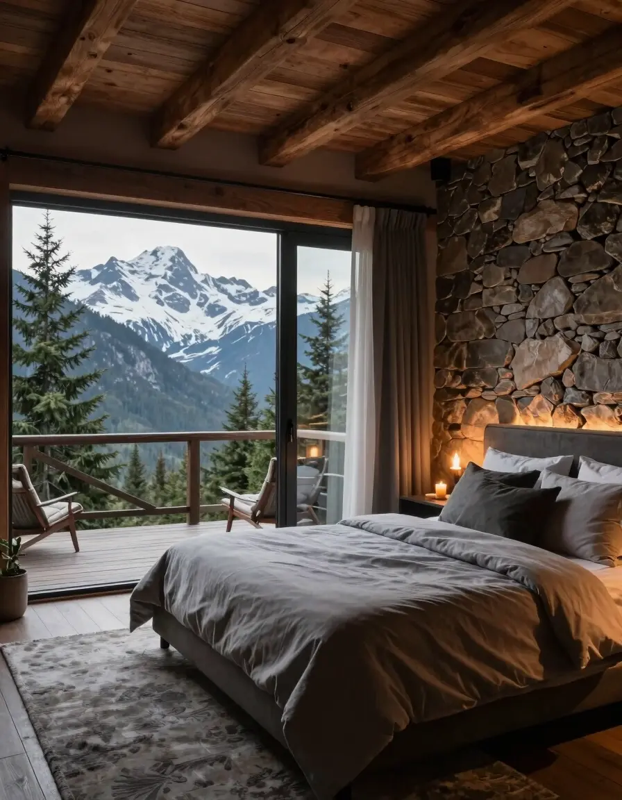 A serene mountain retreat bedroom with a large bed, stone accent wall, and a sliding glass door leading to a deck overlooking snow-capped mountains and evergreen trees.