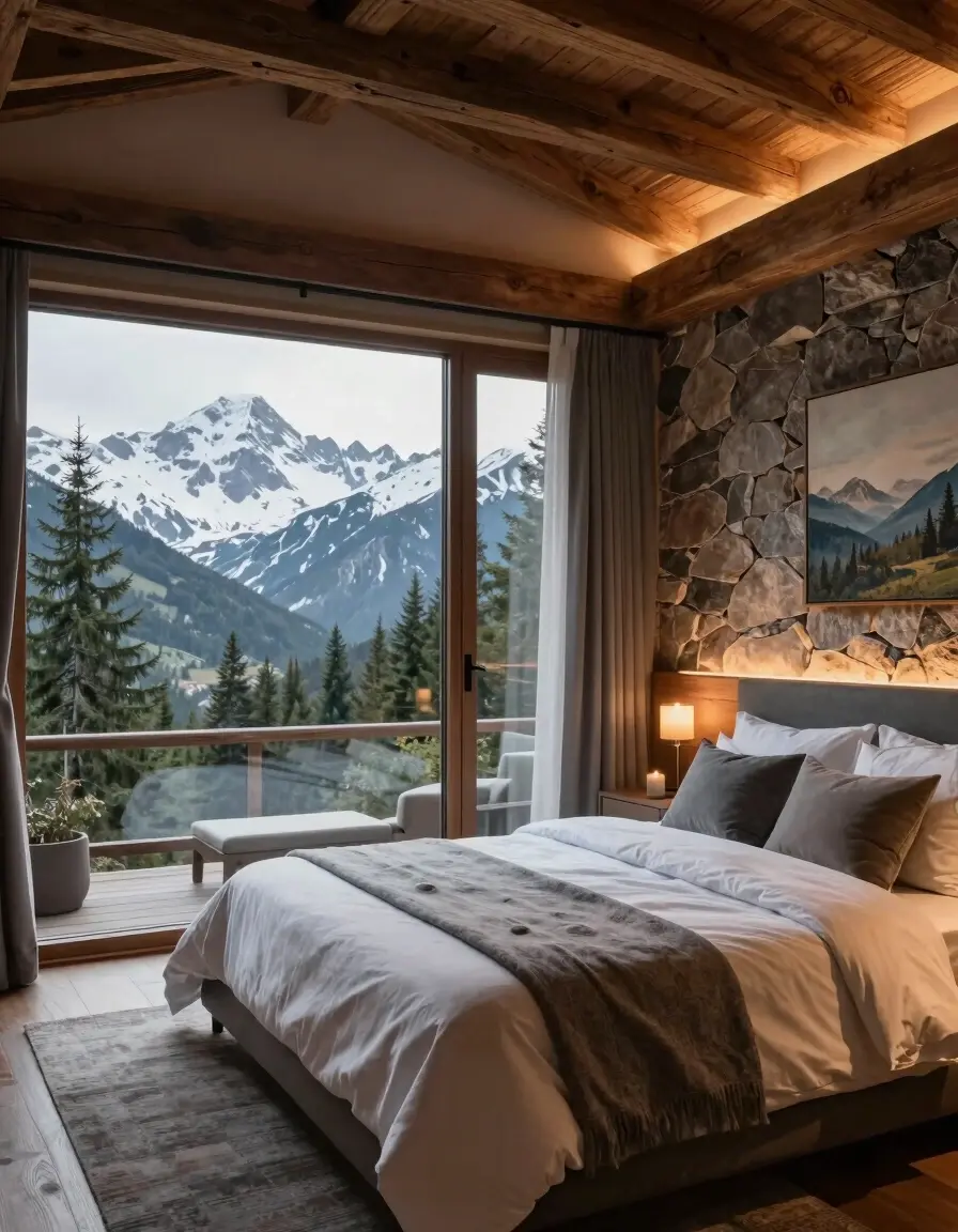 A serene bedroom with a large window showing snow-capped mountains and evergreen trees, a cozy bed with white and gray bedding, and a stone accent wall with a landscape painting.