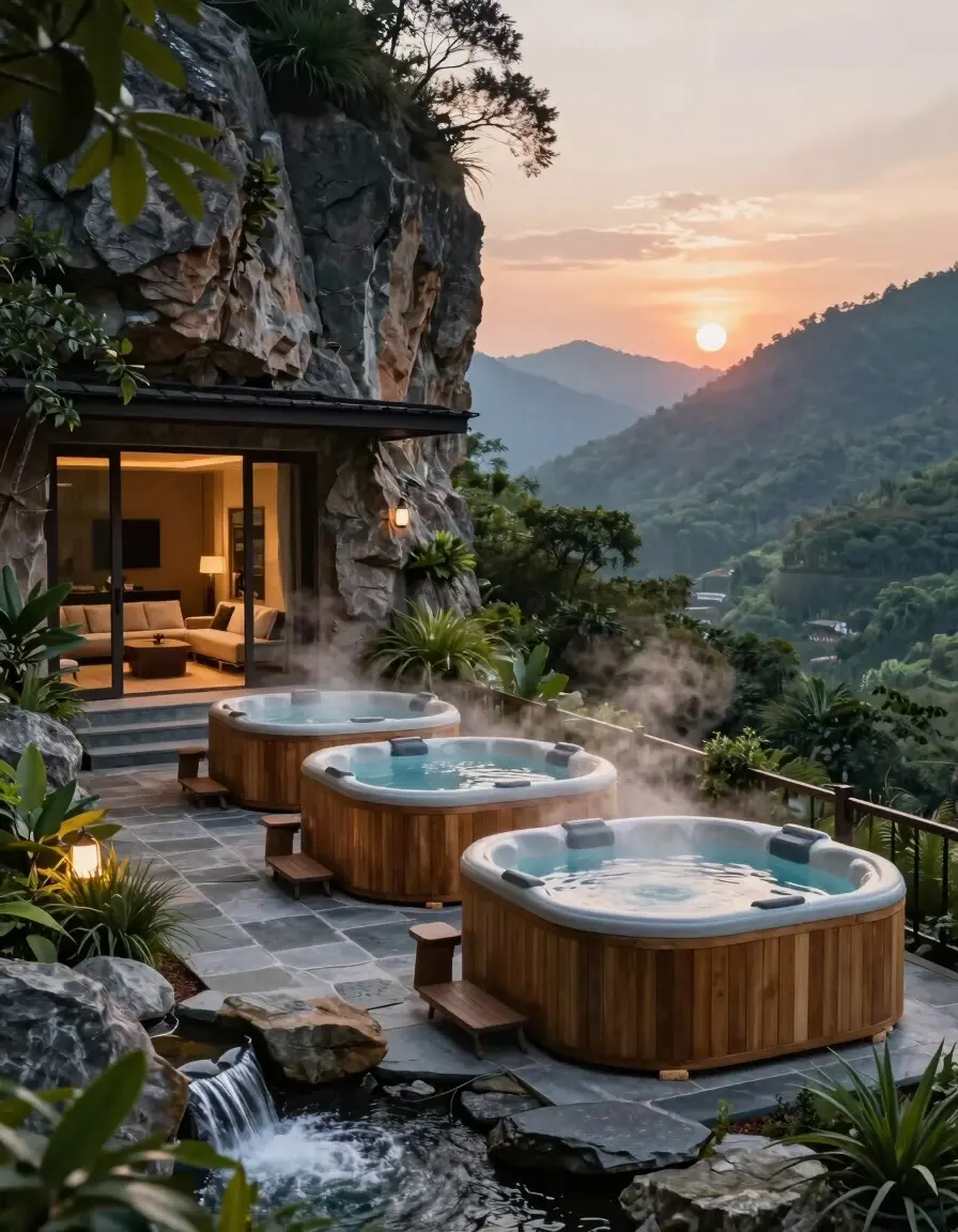 Serene mountain retreat with wooden hot tubs and cozy living area