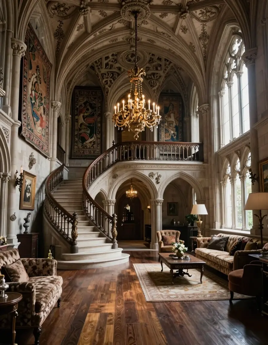 A grand, Gothic-inspired mansion interior with intricate stone carvings, tall ceilings, and large windows, featuring a spacious, high-ceilinged hall with a grand staircase, ornate chandeliers, and plush furnishings.