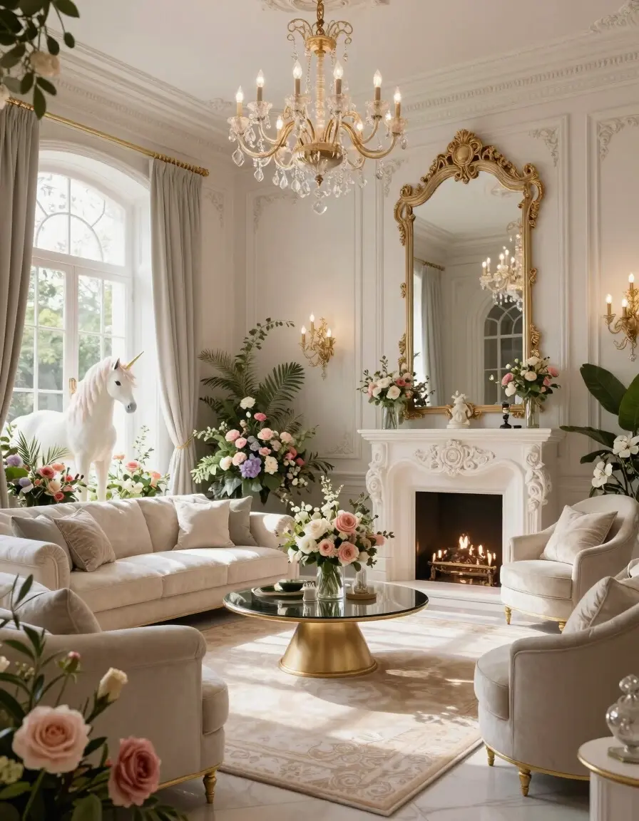 Luxurious living room with ornate mirror, fireplace, and plush furniture, surrounded by lush greenery and pastel-colored flowers, with gold accents and natural lighting.