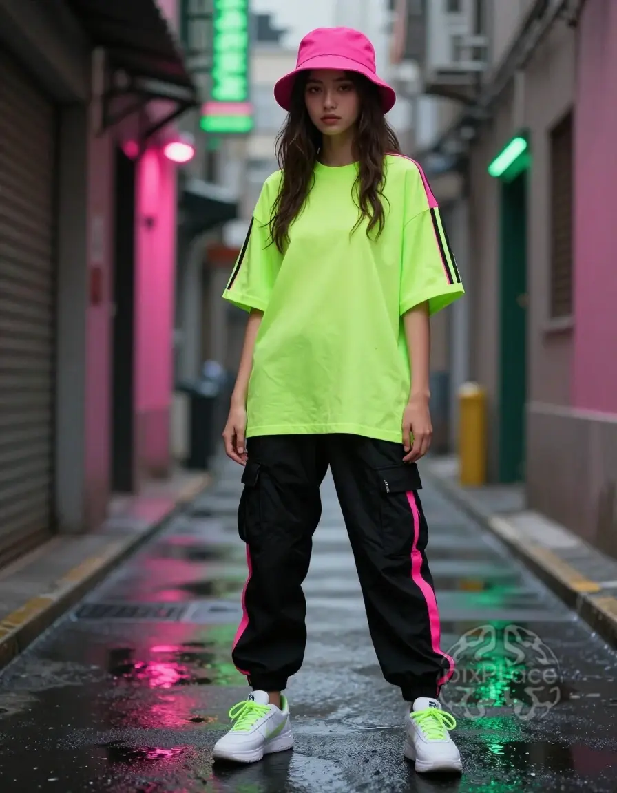 Young woman in neon green t-shirt and black cargo pants standing in a neon-lit alleyway