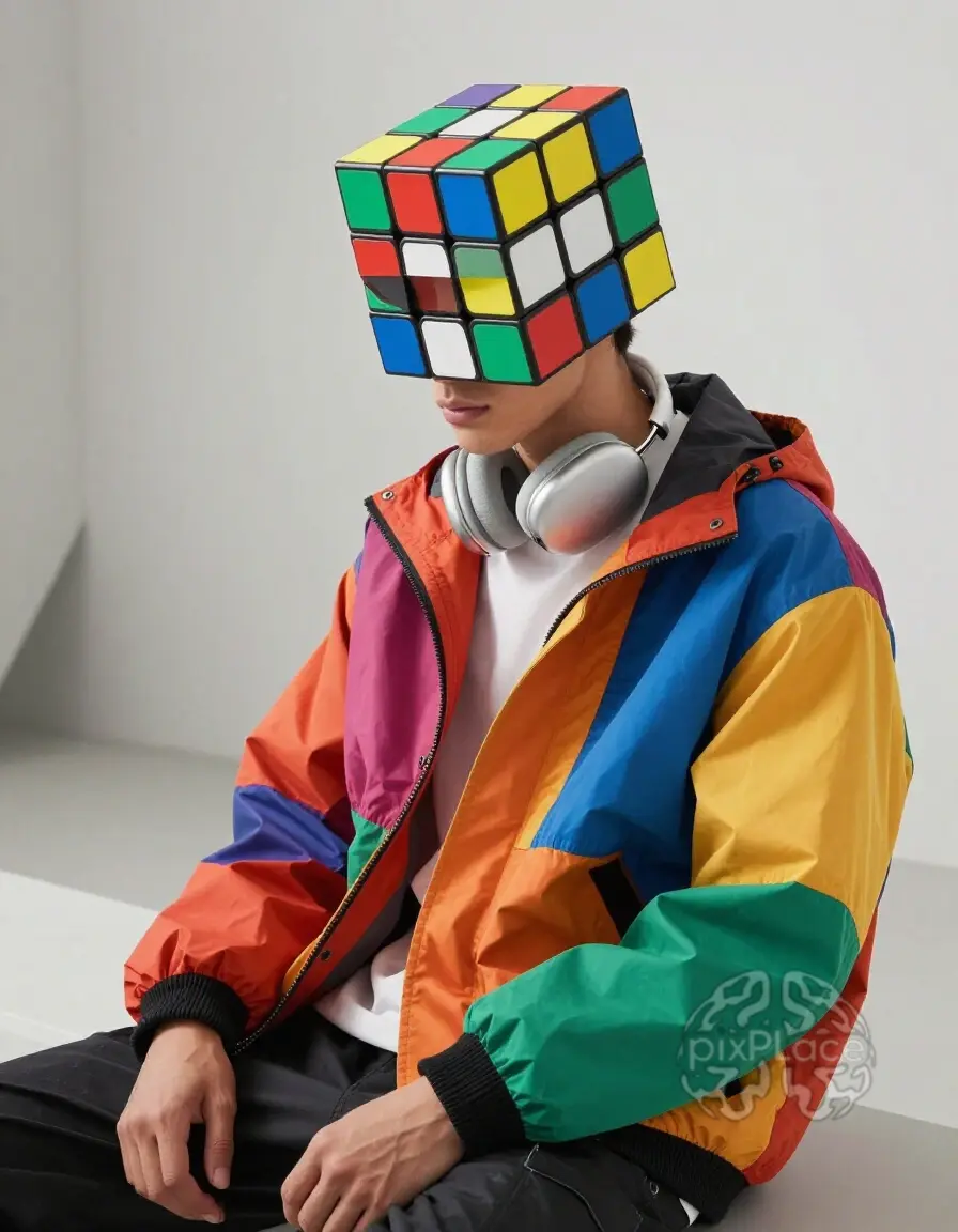 Illustration of a person wearing a colorful jacket and Rubik's Cube helmet, symbolizing the blend of fashion and digital art.