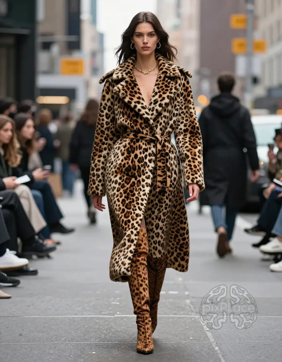 Model wearing leopard print coat and boots walking down a city street during NYFW.