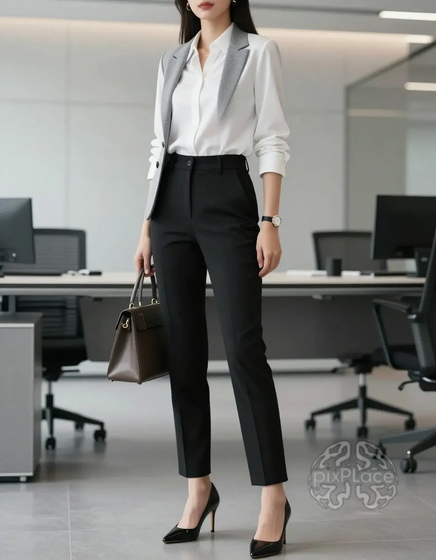A comprehensive office wear outfit guide showcasing various stylish and professional looks, including formal, smart casual, and elegant styles, with accompanying tips on how to look professional and stylish.