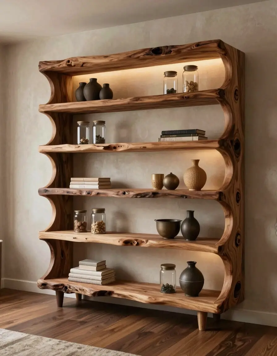 A unique, organic-shaped wooden shelving unit with five curved shelves, adorned with decorative items, set against a textured wall and dark hardwood floor.