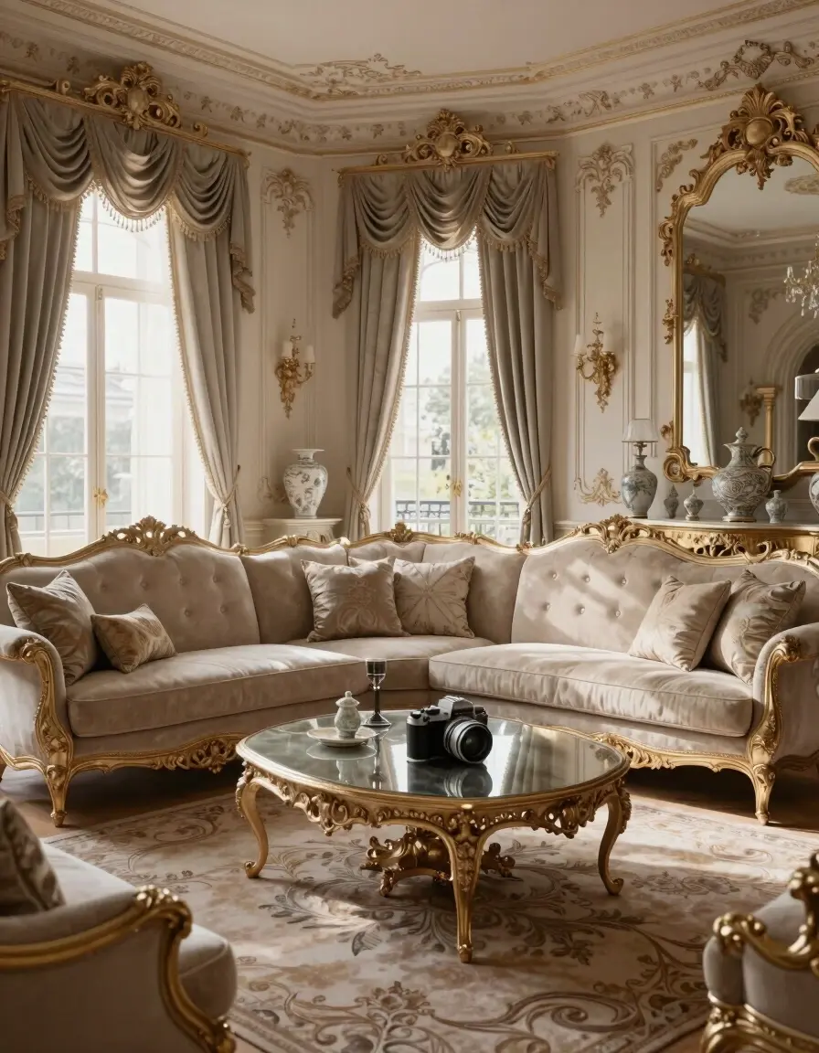 A luxurious living room with ornate camera-inspired details, plush sofa, and natural lighting.