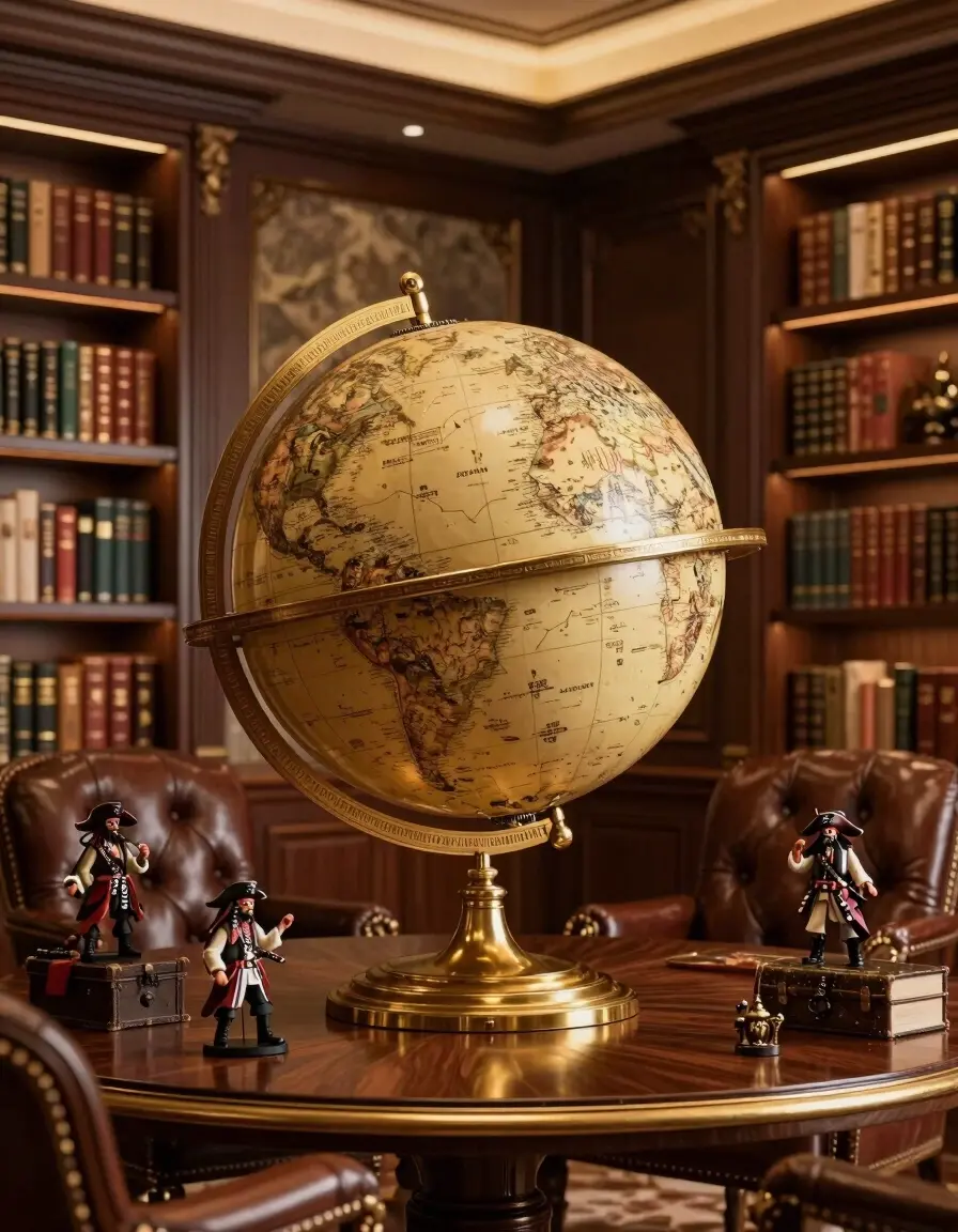 A luxurious study room with a pirate-themed globe, dark wood paneling, and leather-bound books.