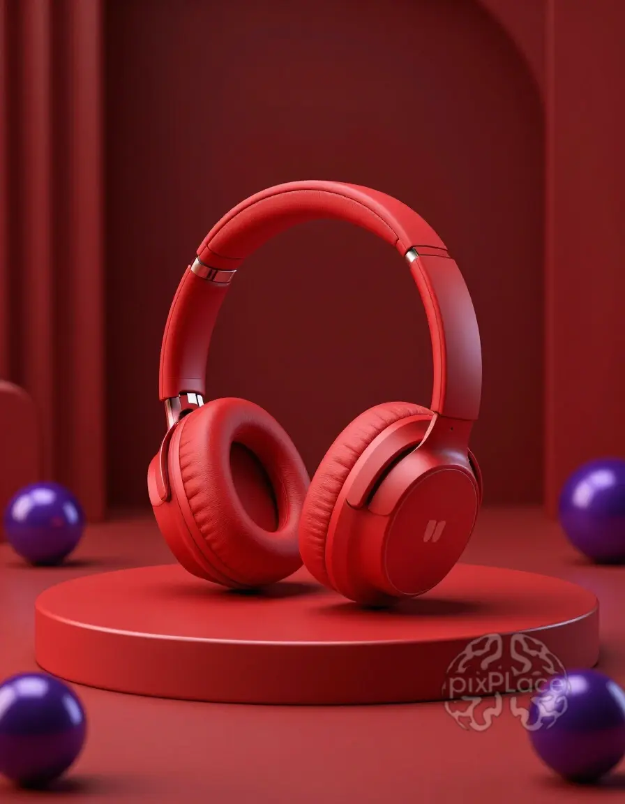 Red wireless headphones on a red platform with purple orbs and a dark red background