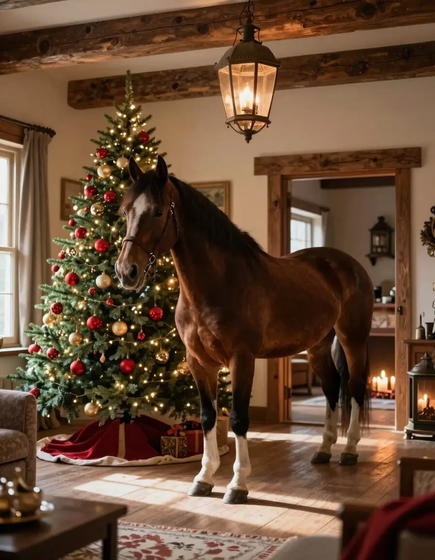 Rustic living room with Christmas tree, brown horse, and lantern, creating a cozy atmosphere.