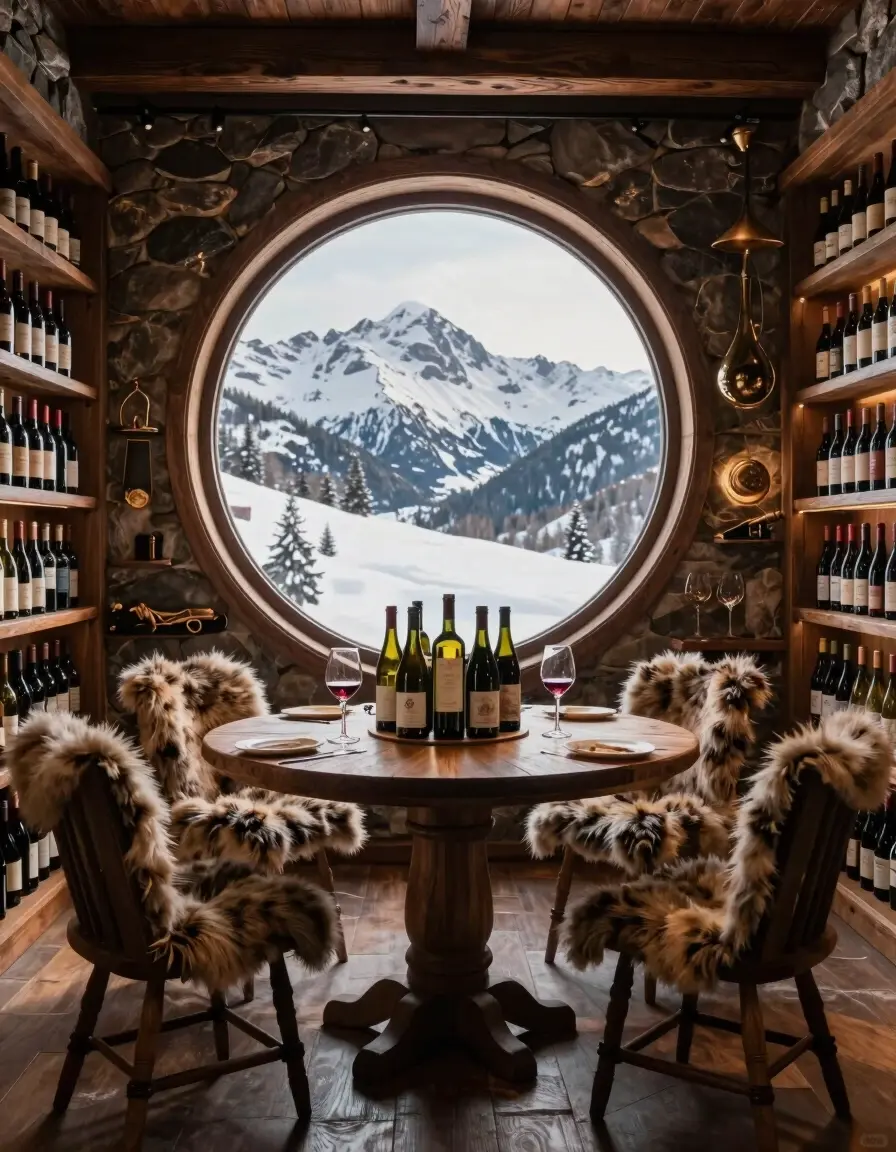 A rustic wine cellar with a large round window showing a snowy mountain landscape, a wooden table with wine and glasses, and chairs with fur covers.