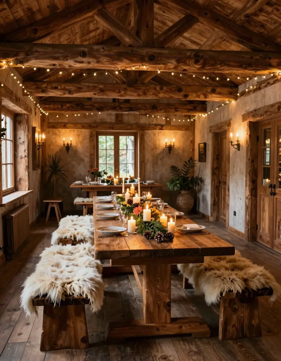 Rustic wooden dining hall with a long table set for a feast, surrounded by wooden walls and ceiling with exposed beams, and string lights.
